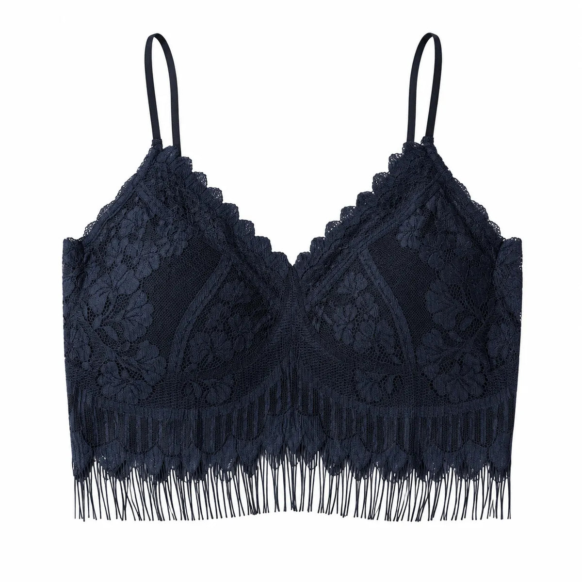 Women's Floral Lace Longline Bralette with Fringe Hem - Navy Blue