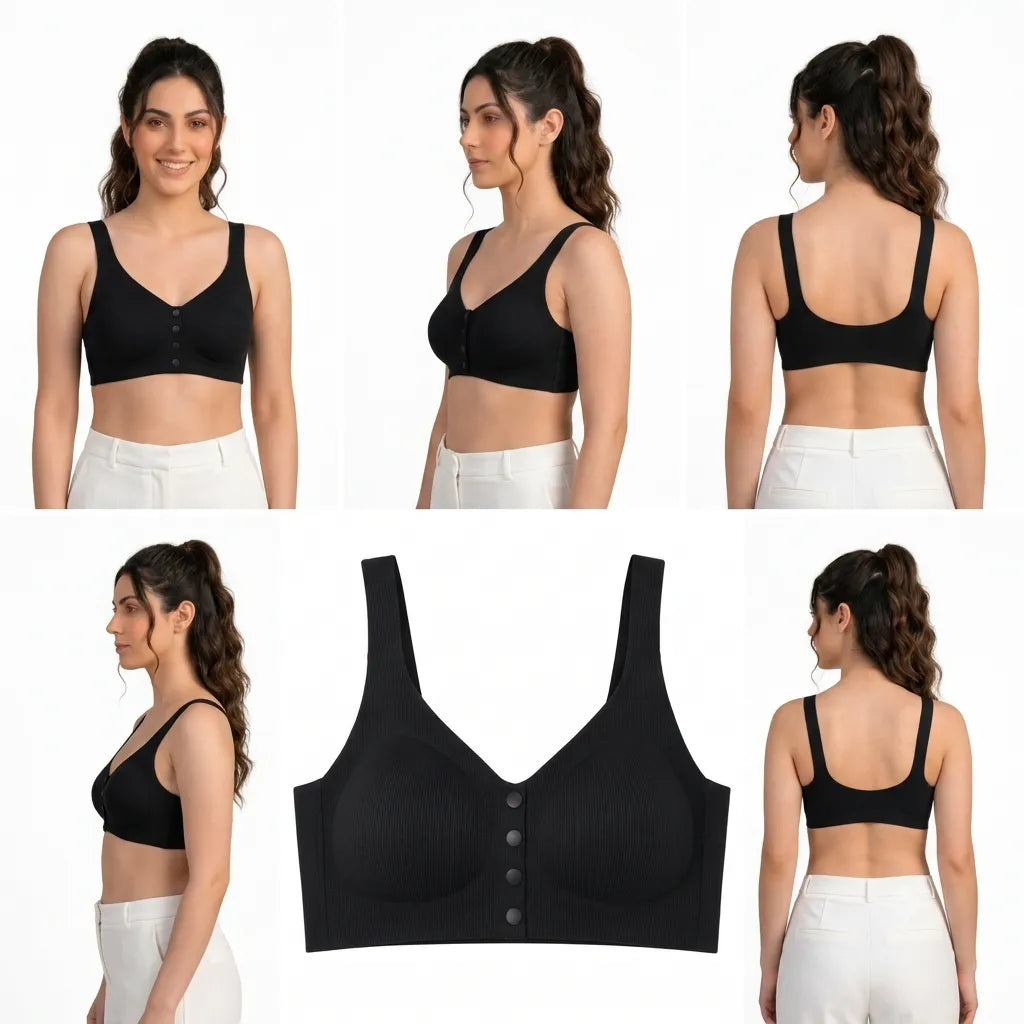 Women's Seamless Ribbed Front Button Wire-Free Bra - Black