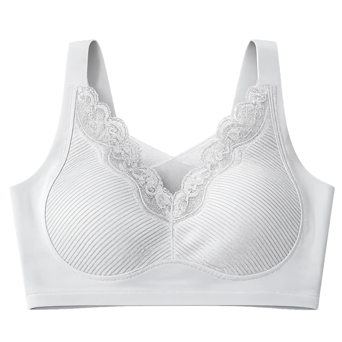 Women's Ribbed Seamless Full Coverage Wire-Free Bra with Lace Neckline - White