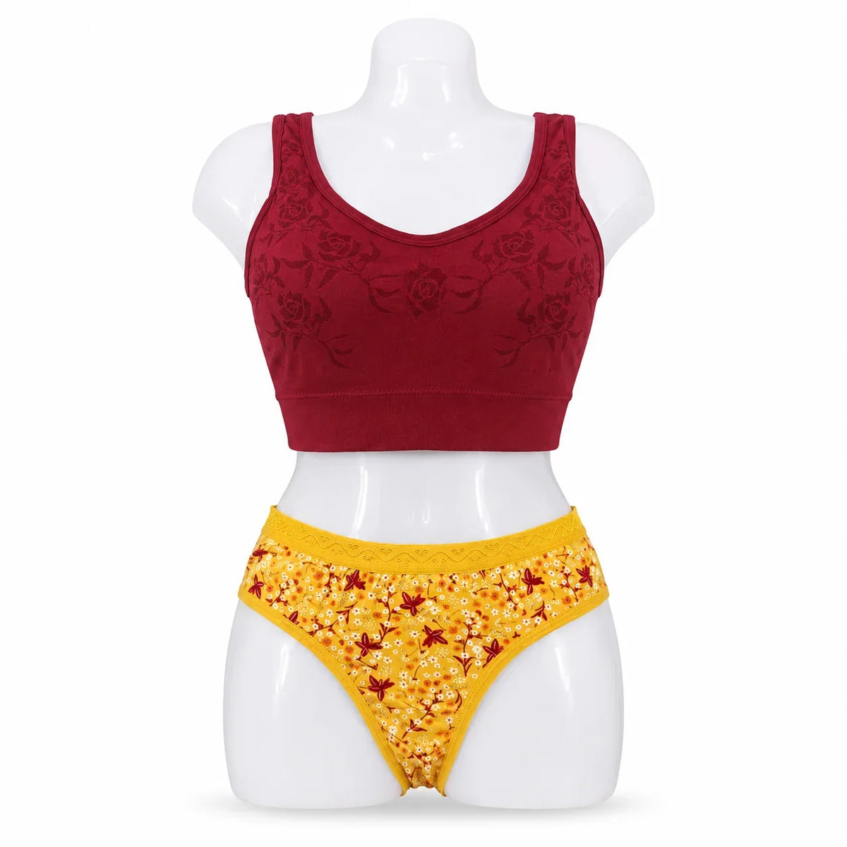Women's Floral Sports Bra & Printed Panty Set - Maroon & Yellow