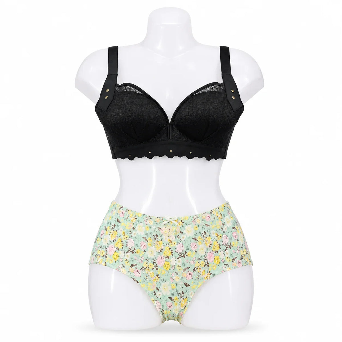Women's Printed Bra & Floral Panty Set - Black
