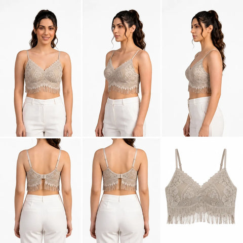 Women's Floral Lace Longline Bralette with Fringe Hem - Ivory