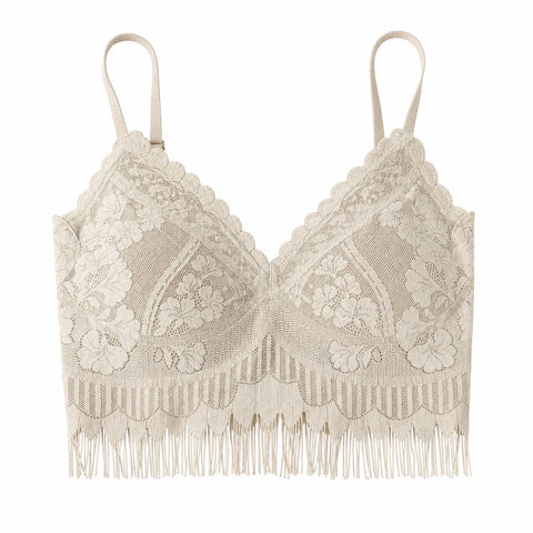 Women's Floral Lace Longline Bralette with Fringe Hem - Ivory