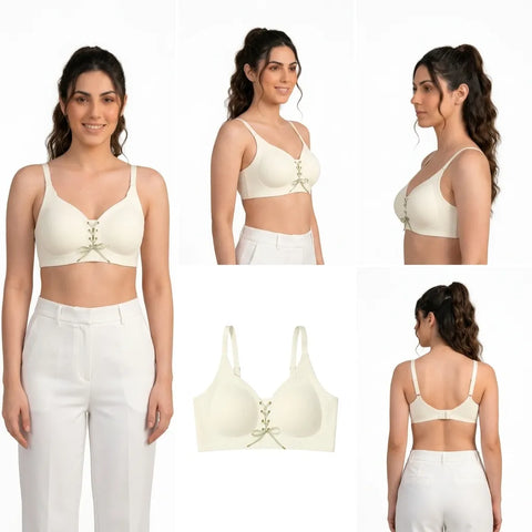 Women's Ribbed Seamless Full Coverage Lace-Up Wire-Free Padded Bra - Ivory White