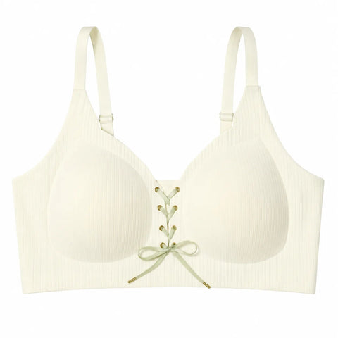 Women's Ribbed Seamless Full Coverage Lace-Up Wire-Free Padded Bra - Ivory White