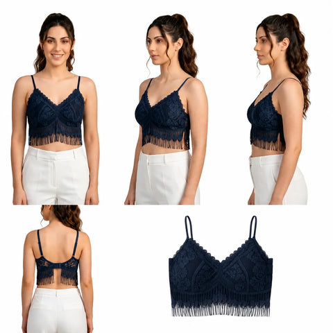 Women's Floral Lace Longline Bralette with Fringe Hem - Navy Blue
