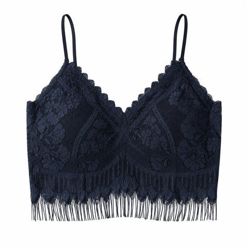 Women's Floral Lace Longline Bralette with Fringe Hem - Navy Blue