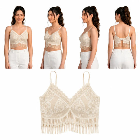 Women's Floral Lace Longline Bralette with Fringe Hem - Ivory