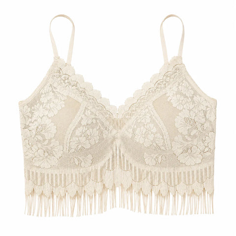Women's Floral Lace Longline Bralette with Fringe Hem - Ivory