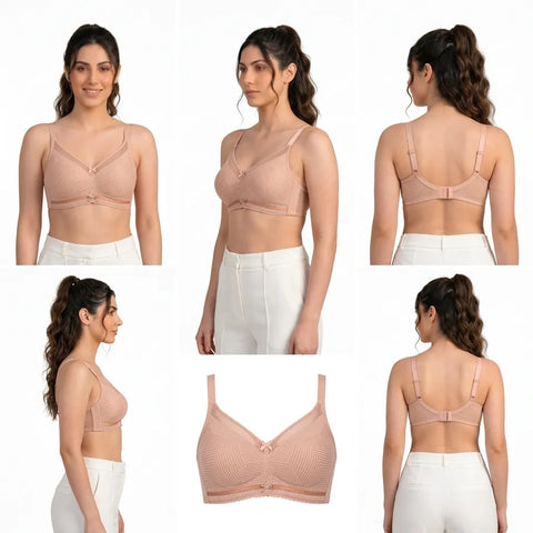 Women's Full Coverage Wire-Free Padded Bra with Chevron Pattern - Nude Beige