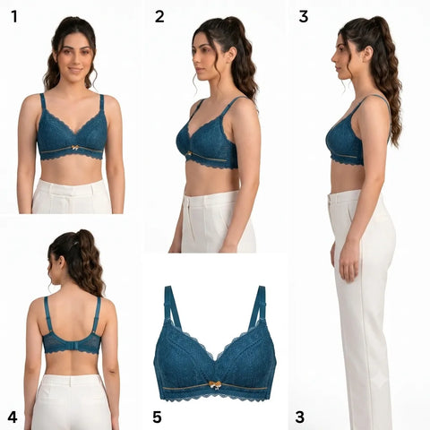 Women's Floral Lace Full Coverage Wire-Free Padded Bra - Navy Blue