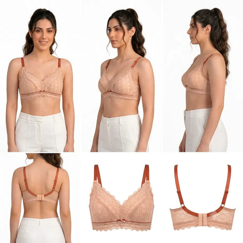 Women's Floral Lace Full Coverage Wire-Free Padded Bra - Nude Pink