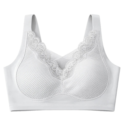 Women's Ribbed Seamless Full Coverage Wire-Free Bra with Lace Neckline - White