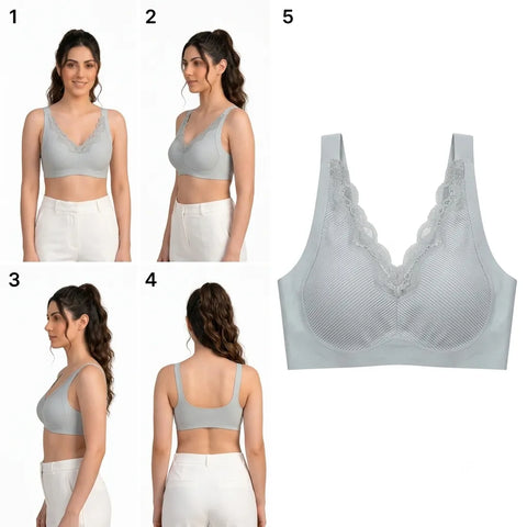 Women's Ribbed Seamless Full Coverage Wire-Free Bra with Lace Neckline - White