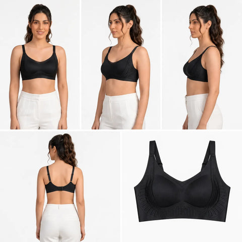 Women's Seamless Full Coverage Wire-Free Padded Bra with Mesh Neckline - Black