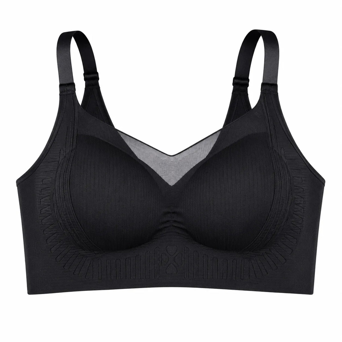 Women's Seamless Full Coverage Wire-Free Padded Bra with Mesh Neckline - Black