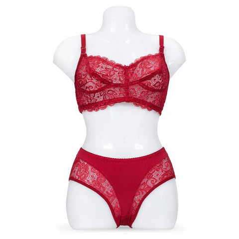 Women's Floral Lace Bra & Panty Set - Red