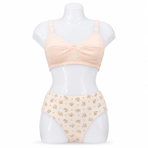 Women's Cotton Bra & Floral Printed Panty Set - Peach