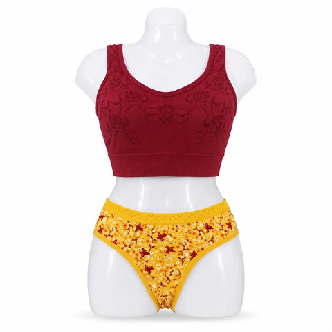 Women's Floral Sports Bra & Printed Panty Set - Maroon & Yellow