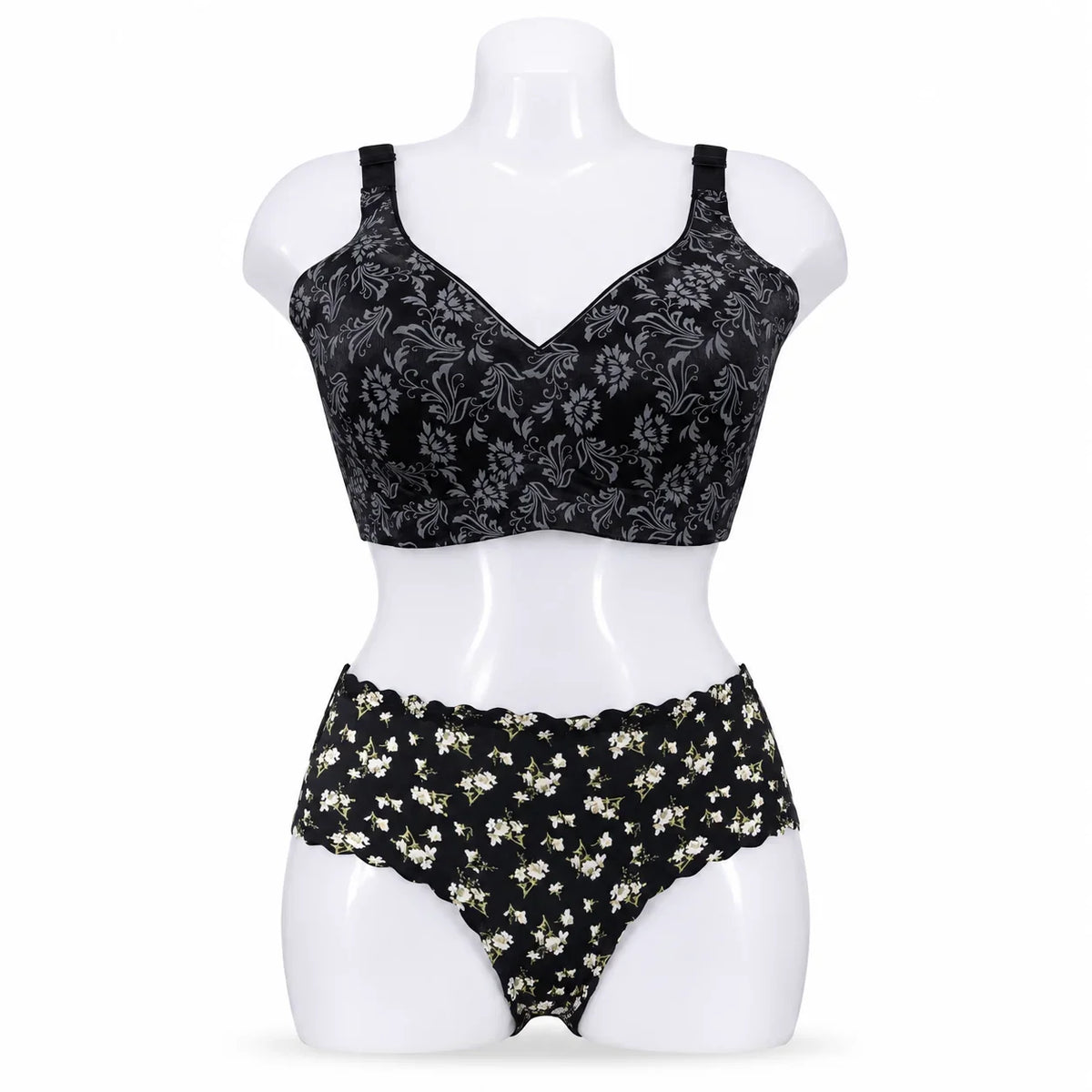 Women's Black Full Coverage Bra & Floral Panty Set