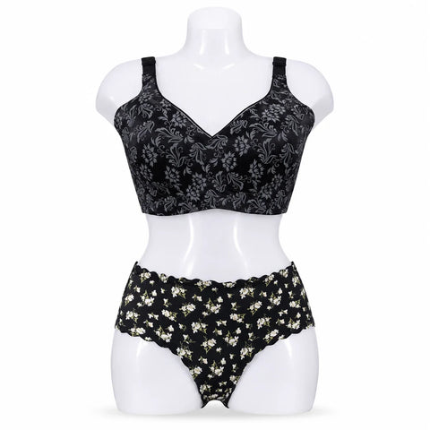 Women's Black Full Coverage Bra & Floral Panty Set