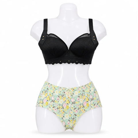 Women's Printed Bra & Floral Panty Set - Black